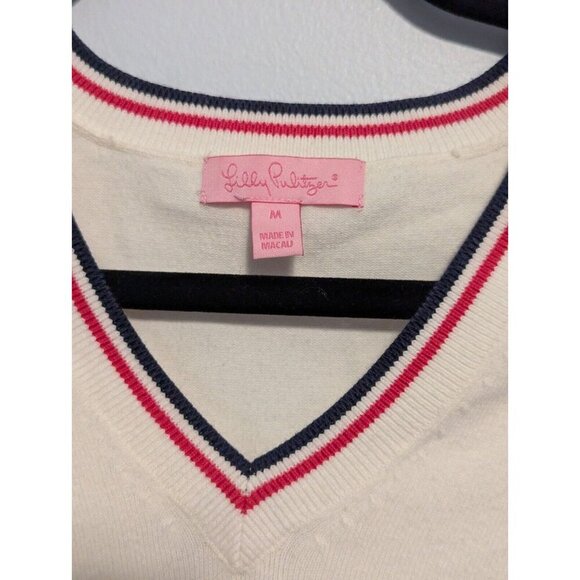 Lilly Pulitzer Long Sleeve Shirt Size M White Stretch Vintage V Neck Logo - Picture 2 of 15